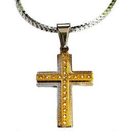 Cross Silver overlaid w gold diamond studded cross & chain