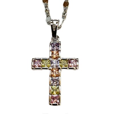 Silver Cross with Pink & coloured stones on  Chain