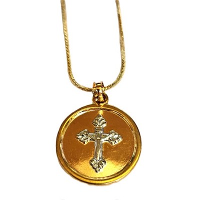 Gold round Pendant with Silver Cross in centre and chain