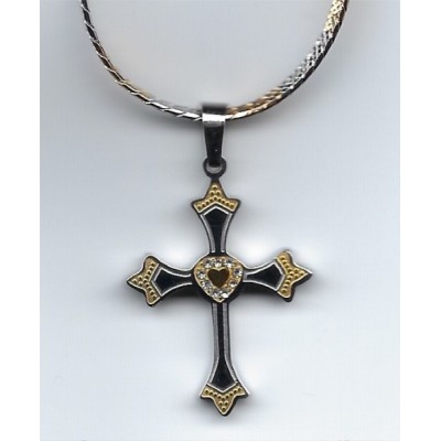 Cross Silver& Gold, Diamante Heart in Centre and Chain