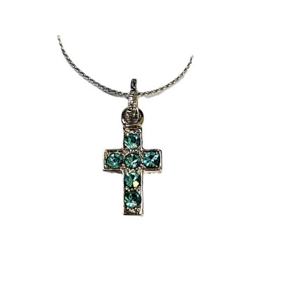 Small Silver Cross w coloured diamante & thin silver chain