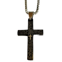 Cross, Black with Our Father  (Medium) and Chain