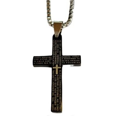 Cross, Black with Our Father  (Medium) and Chain