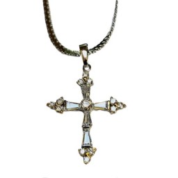 Cross Silver Crystal type, 3 Stones on Ends & Chain