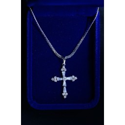 Cross Silver Crystal type, 3 Stones on Ends & Chain
