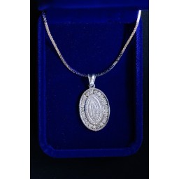Medal Silver O/L Guadalupe, diamante around Centre and Chain Medal Silver O/L Guadalupe, diamante around Centre and Chain