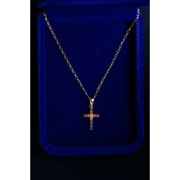 Cross Gold, Tiny, Red White Blue Stones & Chain