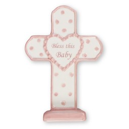 Bless this Baby Porcelain Cross standing Girl pink