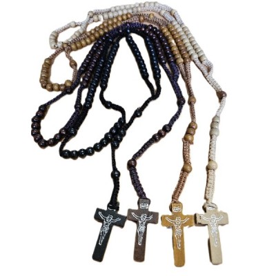 Rosary Black/DB/Brown//Light Br Wood Beads large on Cord