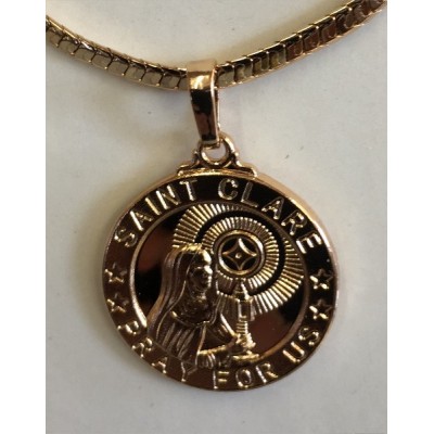 St Clare Round Medallion prayer on reverse side Gold plated