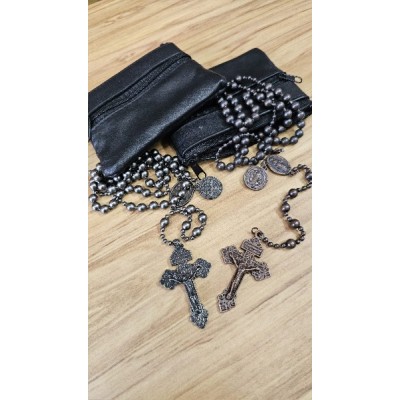 Combat Rosary:Gunmetal grey bead in Leather purse