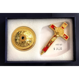 St Benedict Standing Crucifix 8cm Gold w Red or Black St Benedict Standing Crucifix 8cm Gold w Red or Black