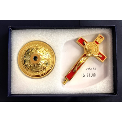 St Benedict Standing Crucifix 8cm Gold w Red or Black