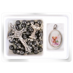 Rosary Grey glass bead Holy Communion with Medal