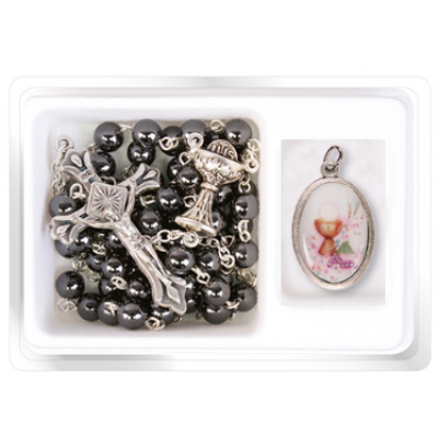 Rosary Grey glass bead Holy Communion with Medal