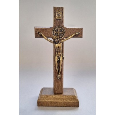 St Benedict Standing Walnut Wooden Crucifix - 13.5cm
